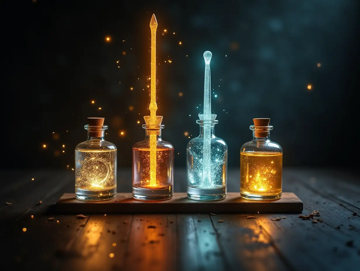 Magic silver and gold potions in and 2 light swords