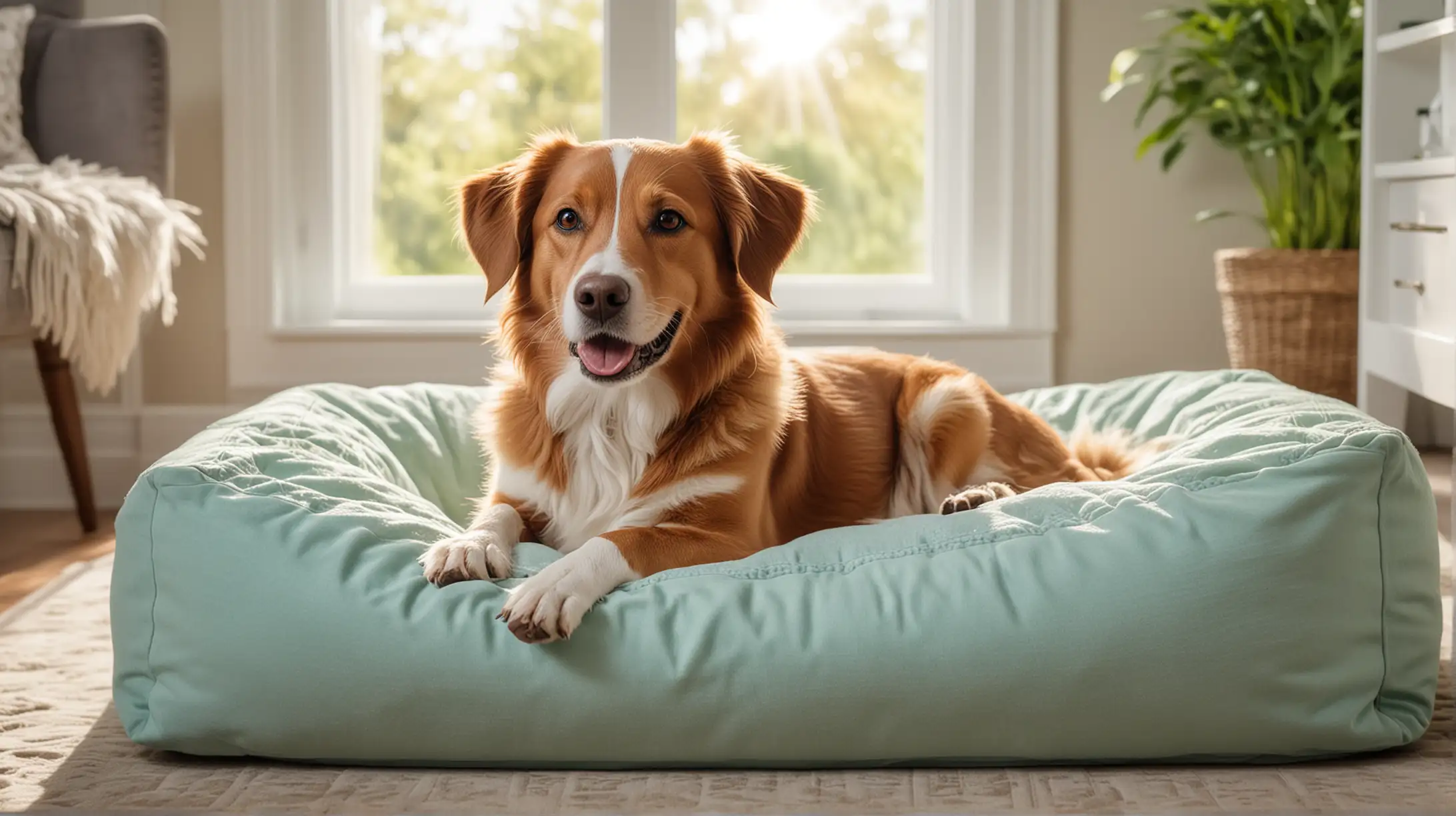 Happy Dog Relaxing on Designer Dog Bed in Luxurious Home