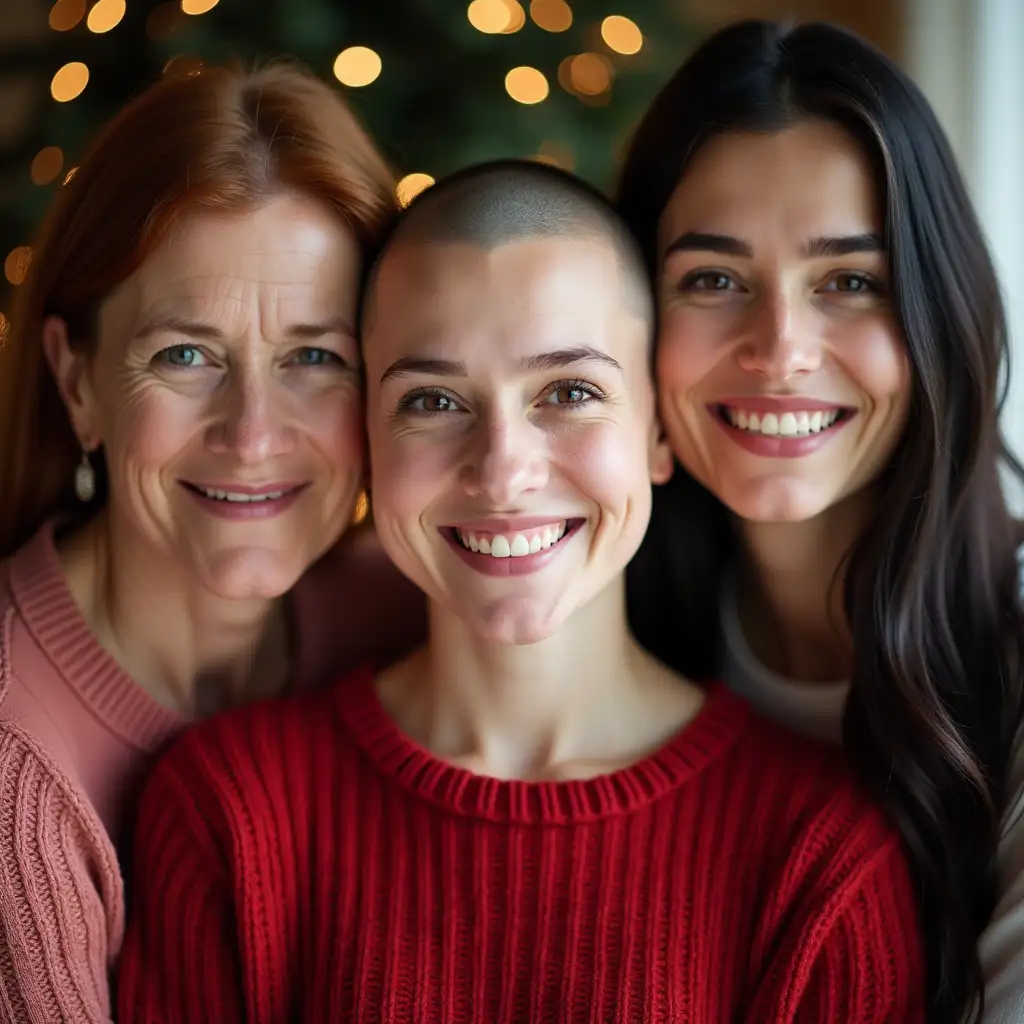 Yo, with shaved head, recovering from breast cancer. With clear eyes and happily smiling. White skin. Dressed for Christmas with my mother and sister. My mother has auburn hair, fair skin and freckles, my sister, fair skinned, with dark eyes and long black hair.