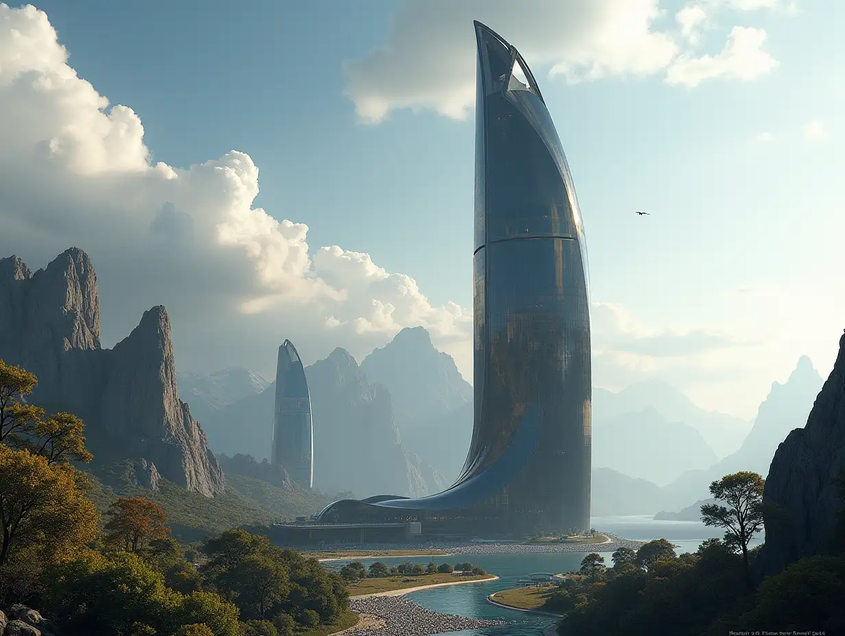 Create a high-resolution, realistic image of a futuristic very tall building with black and golden curves, large trees, mountains, rocky clouded sky