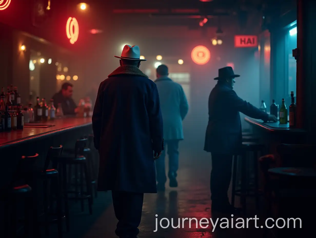 Old-Man-Entering-Smoky-Bar-in-White-Hat-and-Long-Blue-Coat-at-Night