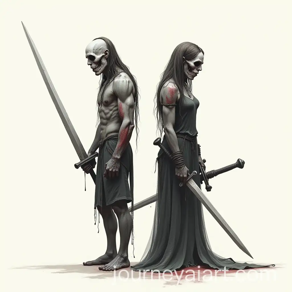 Horror-Sketch-of-Two-HalfAI-Art-Prompt-ExpansionPeople-Standing-Back-to-Back-with-Large-Swords