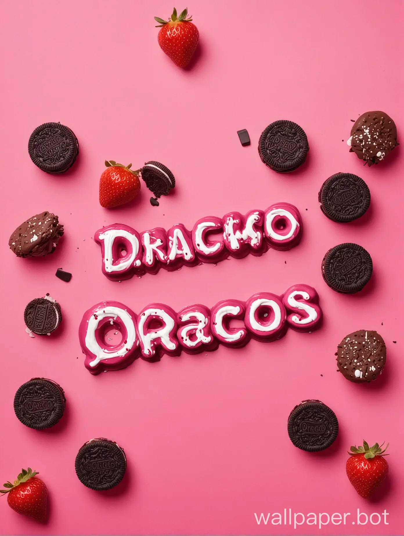 A hot pink background with Strawberries and Oreos With the words Draco