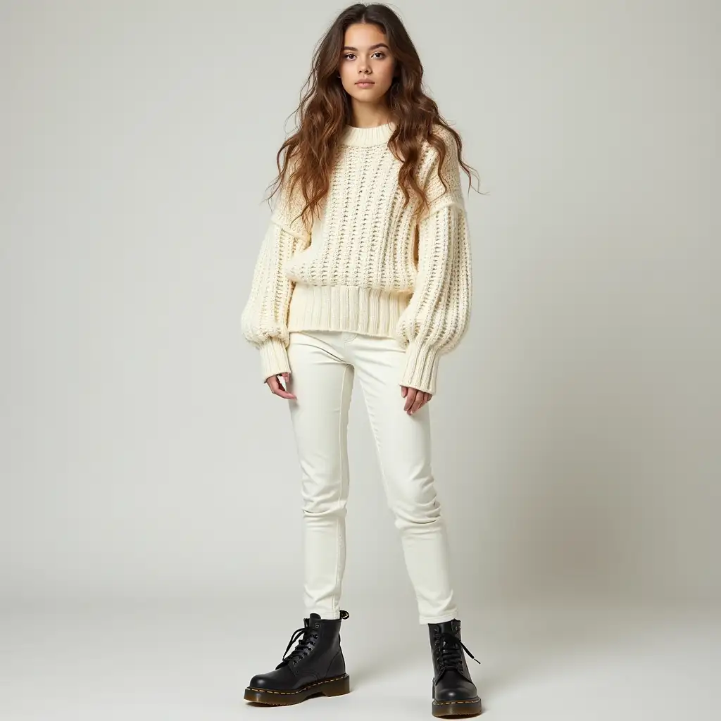 Teen Woman in Oversized Chunky Knit White Sweater and Leather Pants