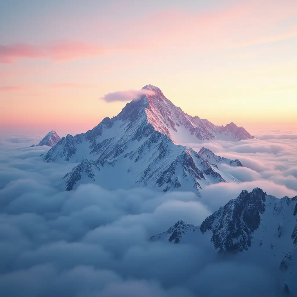 Snowy-Mountain-Sunrise-with-Low-Clouds-and-OrangePink-Sky-Viewed-from-Drone