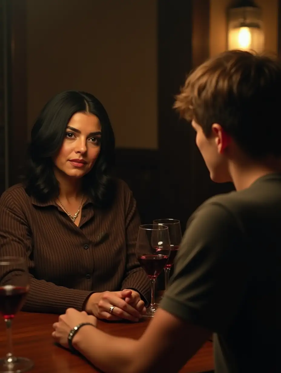 Latina-Woman-and-Young-Man-Sharing-a-Glass-of-Red-Wine-in-a-Tavern-Setting