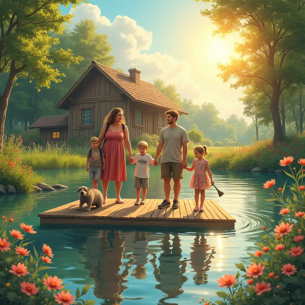 CD cover in over-realistic style - happy friendly family consist of five people (two adult and one boy and two girls) in a light of sun rays floating on the lake on sap-boards on the background of their dacha surrounded by greenery and flowers: mom 40 years-old, dad 40 years-old, DAUGHTER Masha 12 years-old, son Fedya 10 years-old, DAUGHTER Sasha 5 years-old and small two rats. Sunny day, counter lighting, Lettering in a child's handwriting at the bottom of the image: Мы  Пеговы