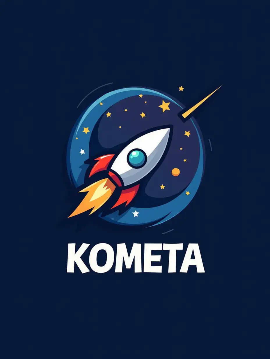 Logotype for Russian school student and parent team named KOMETA, for participating in a sports relay, with elements of comet and space, photo