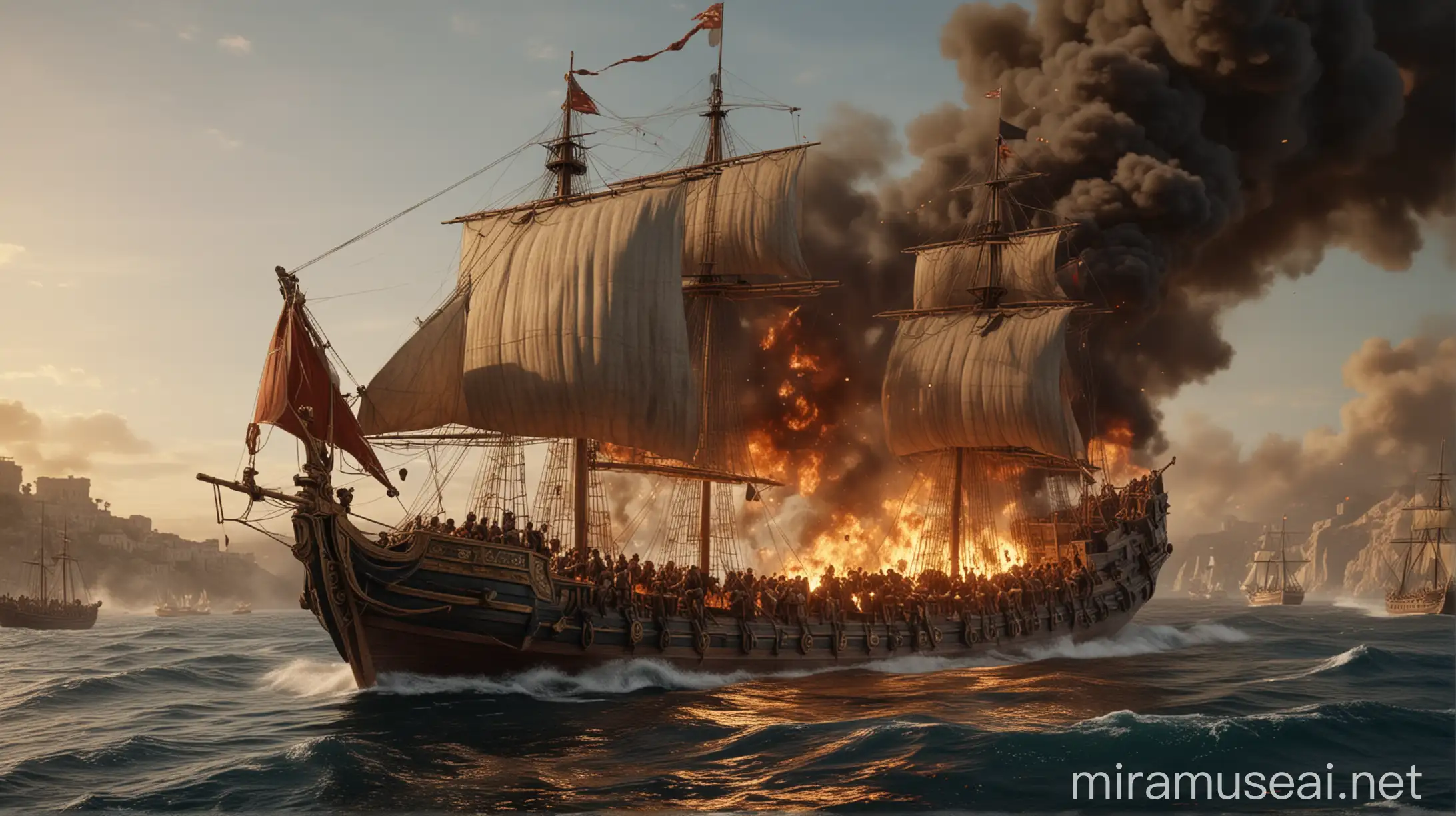 Ancient Roman Naval Battle Ships Set on Fire in Cinematic Hyperrealism