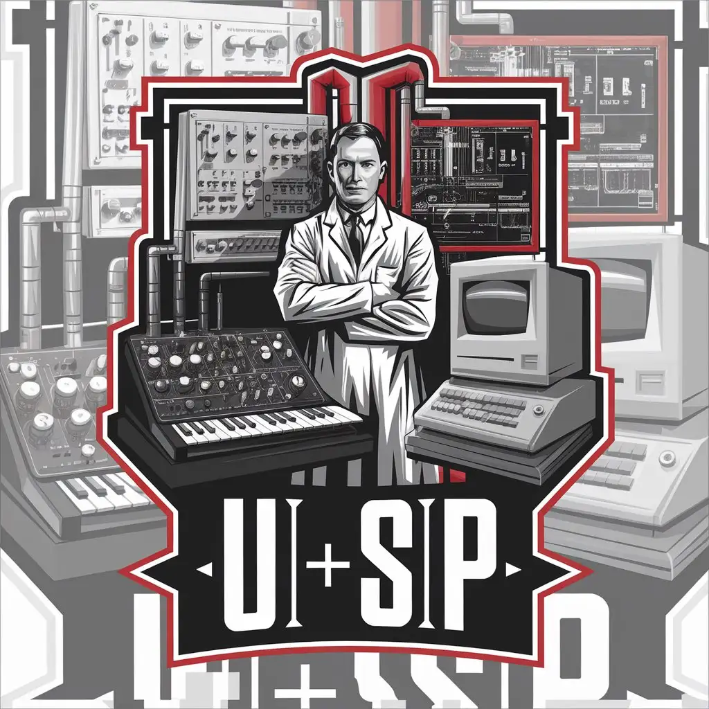 LOGO Design for U H S P C Scientist with Vintage Synthesizers Computers and Circuits in Black Red White