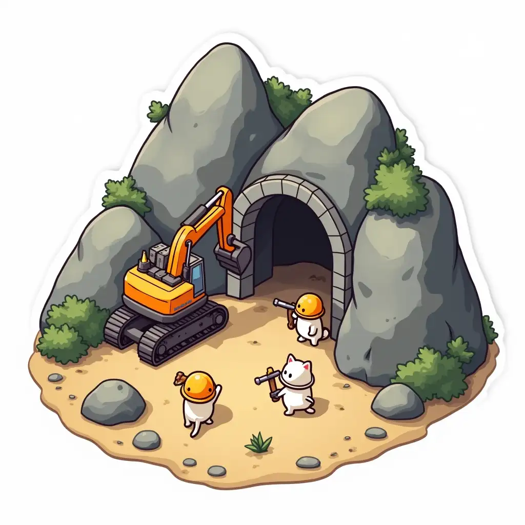 kawaii cats uranium mine, a miniature in isometry, the entrance to a mine in the mountains with an orange excavator at the entrance and small miners in the form of cats in hard hats and with pickaxes,  Sticker design - top view, high resolution, vector graphics, white background, anime-style coloring