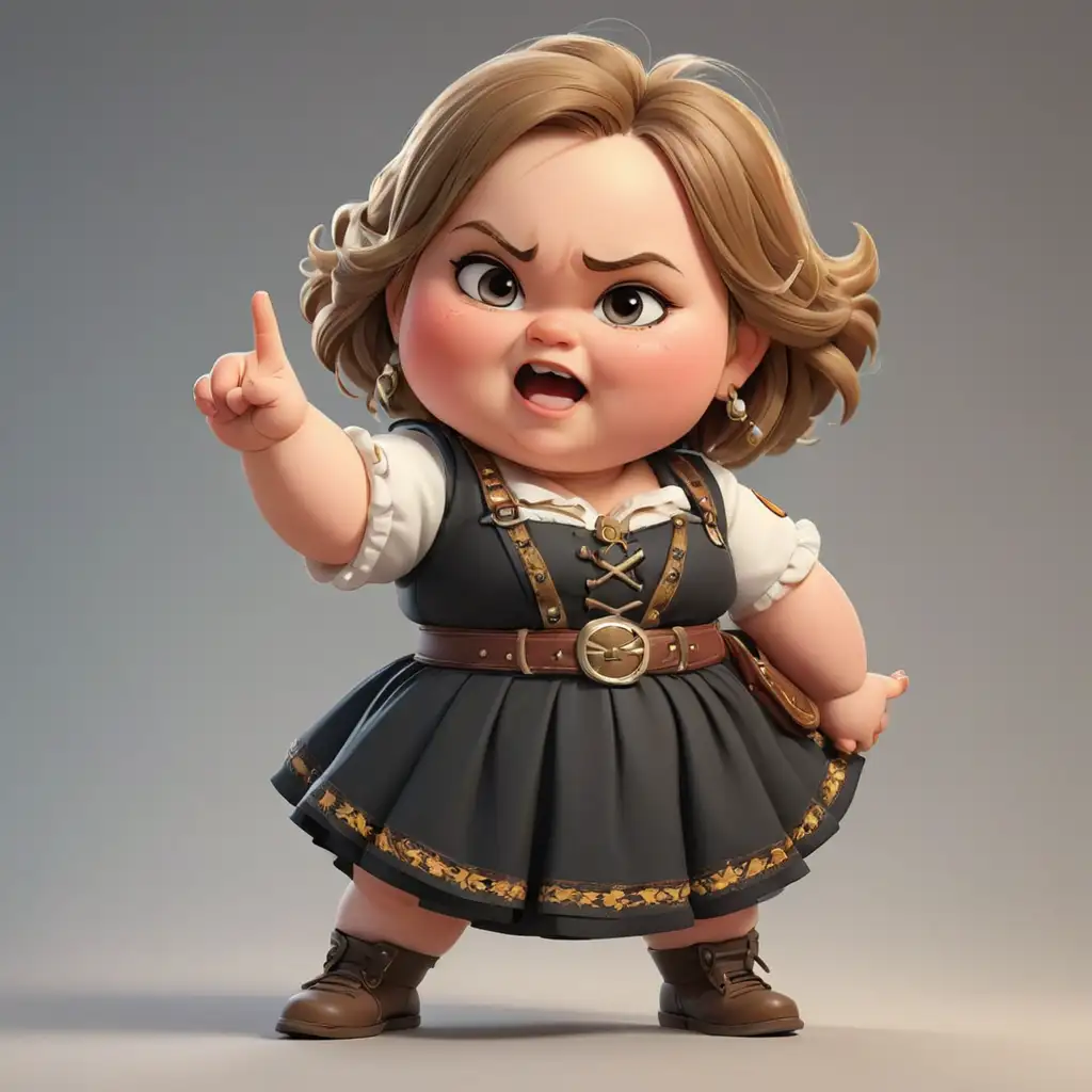 a little fat girl in a German national costume, pointing her finger to the side, in the pose of a rock star, dynamic pose, comics style, 3d modern cartoon style, chibi, pixar style