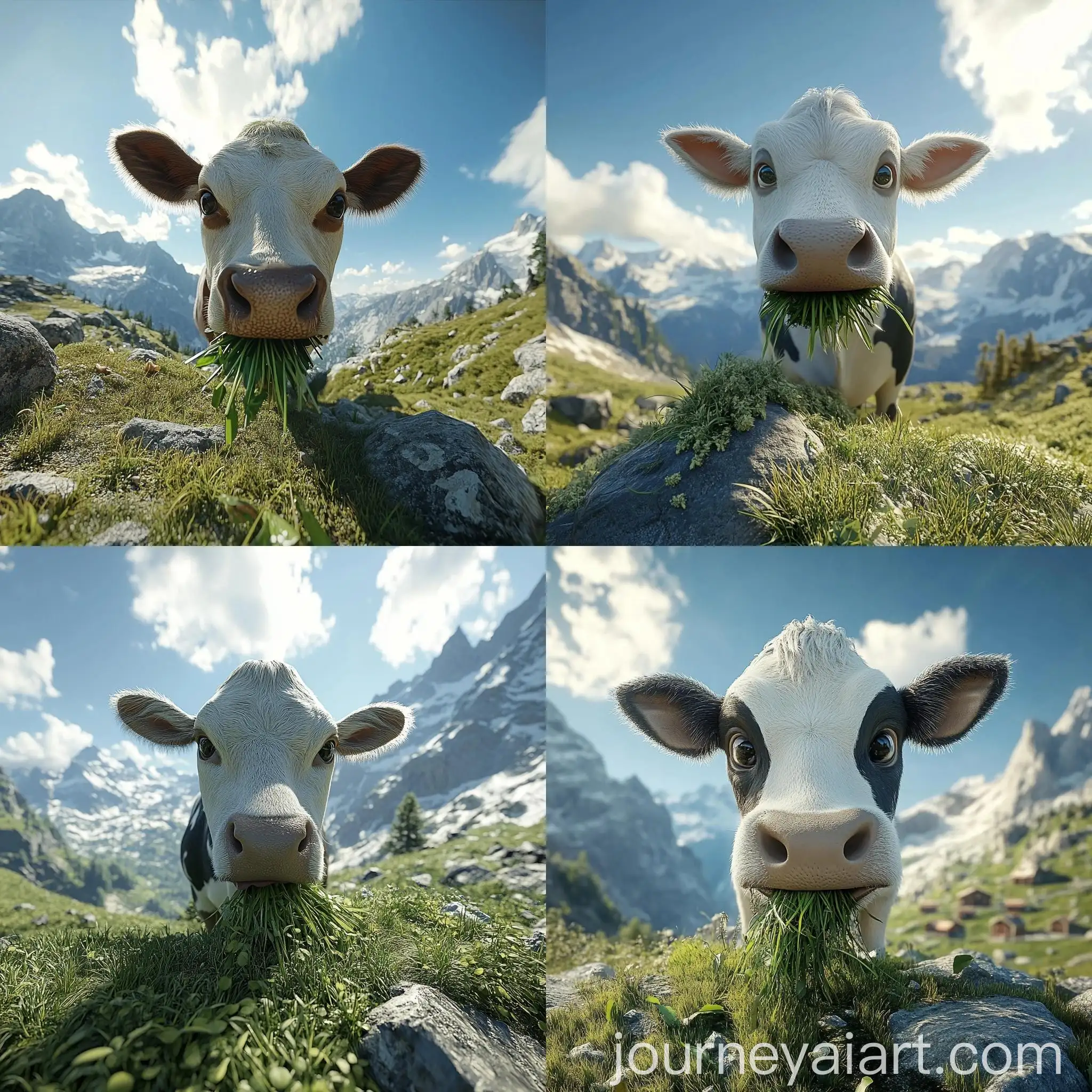Anthropomorphic-Cow-Eating-Grass-on-Sunny-Mountain-Day