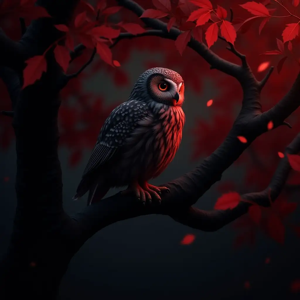 photorealistic image of a dark red owl on a black tree with red and black leaves