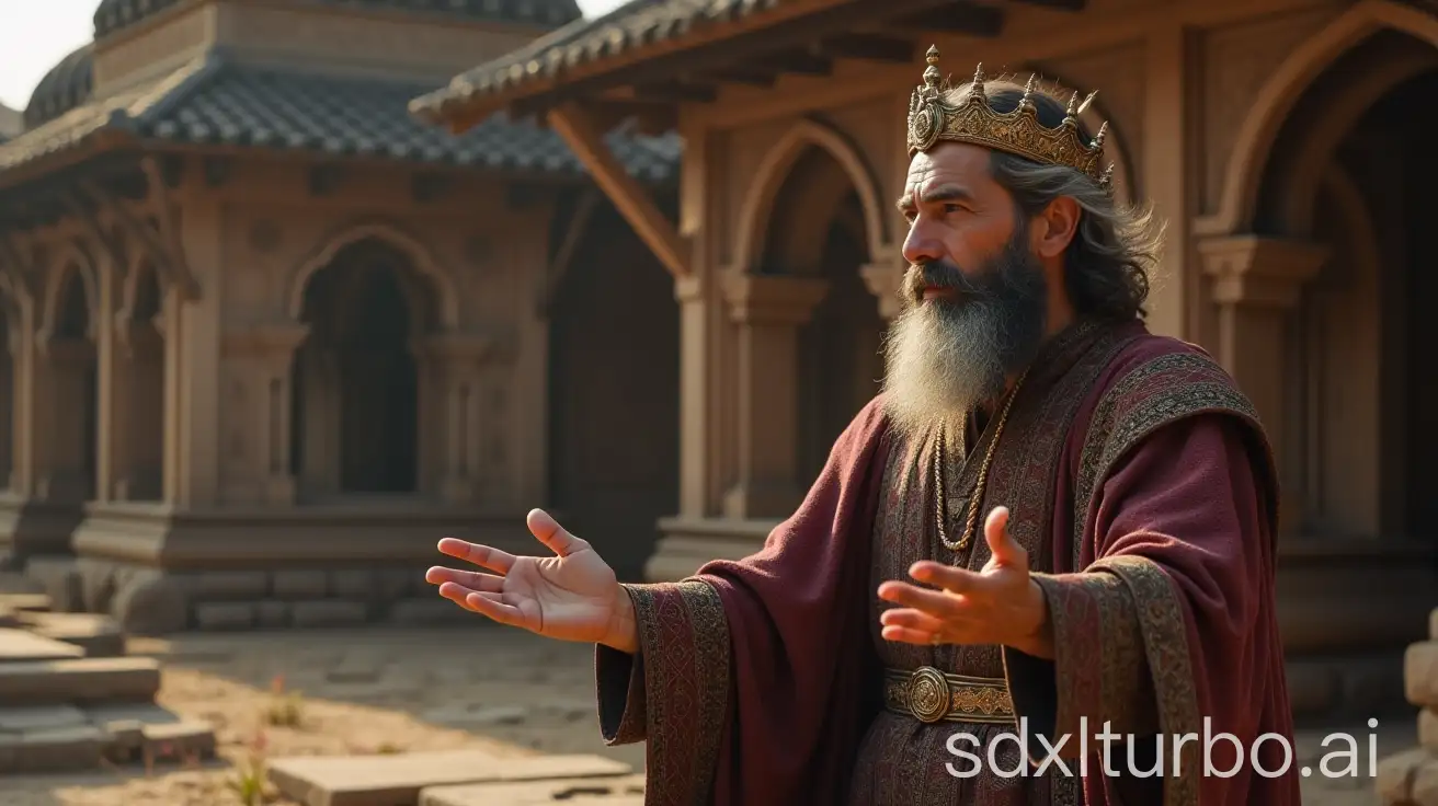 Ancient-King-Passing-Power-to-His-Son-with-Wooden-Mosque-in-Background