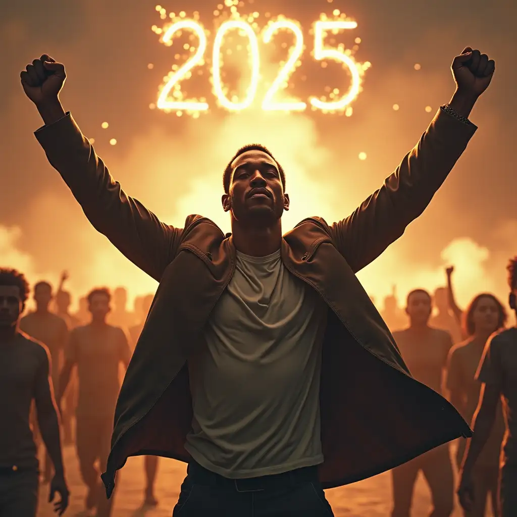 Black Man Crossing from 2024 to 2025 with Raised Fists