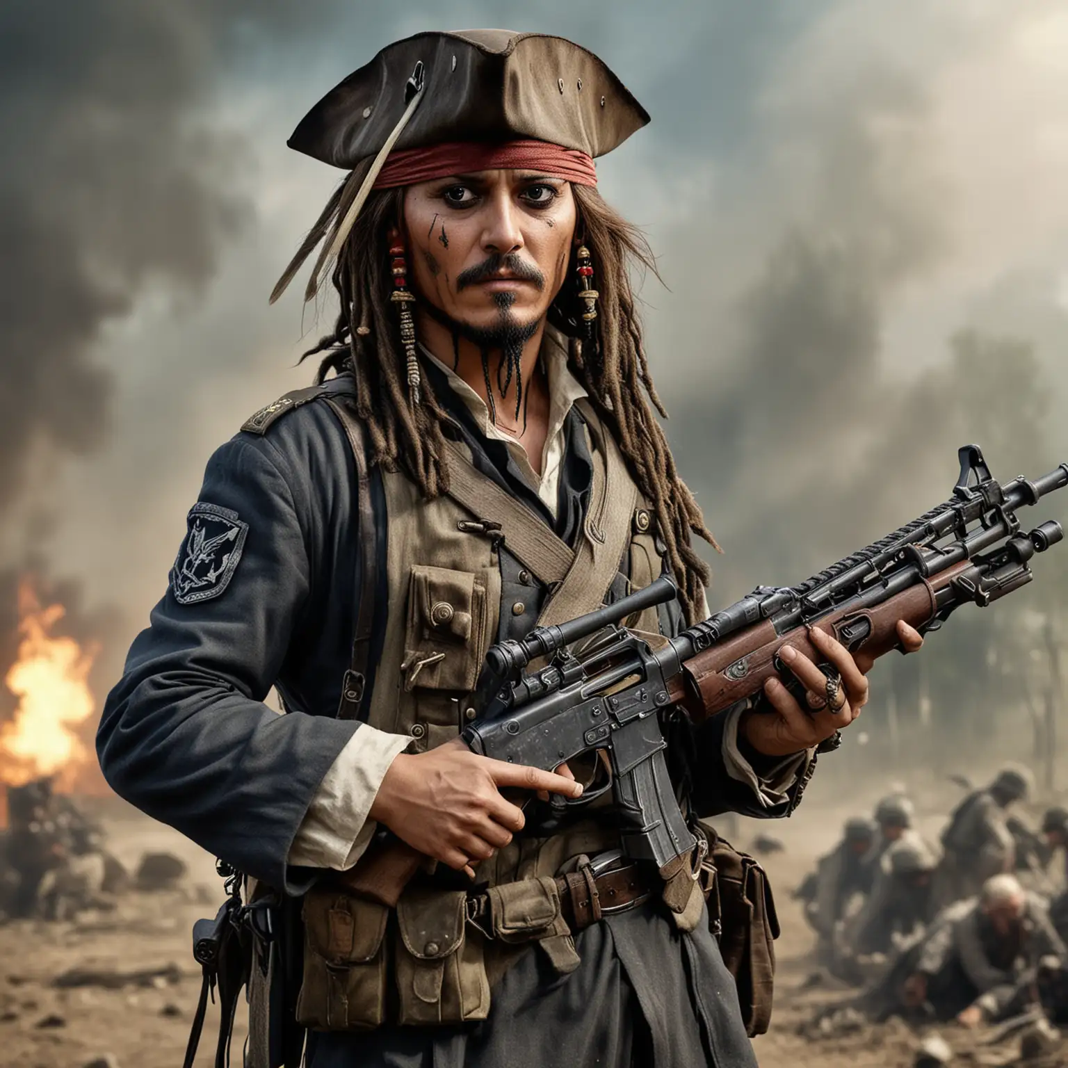 Captain-Jack-Sparrow-in-German-Soldier-Uniform-Holding-a-Machine-Gun