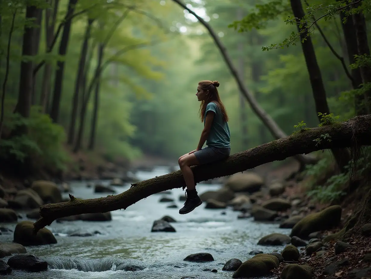 In the forest, flowing river, young woman sitting on a fallen tree looking into the distance with a lonely gaze