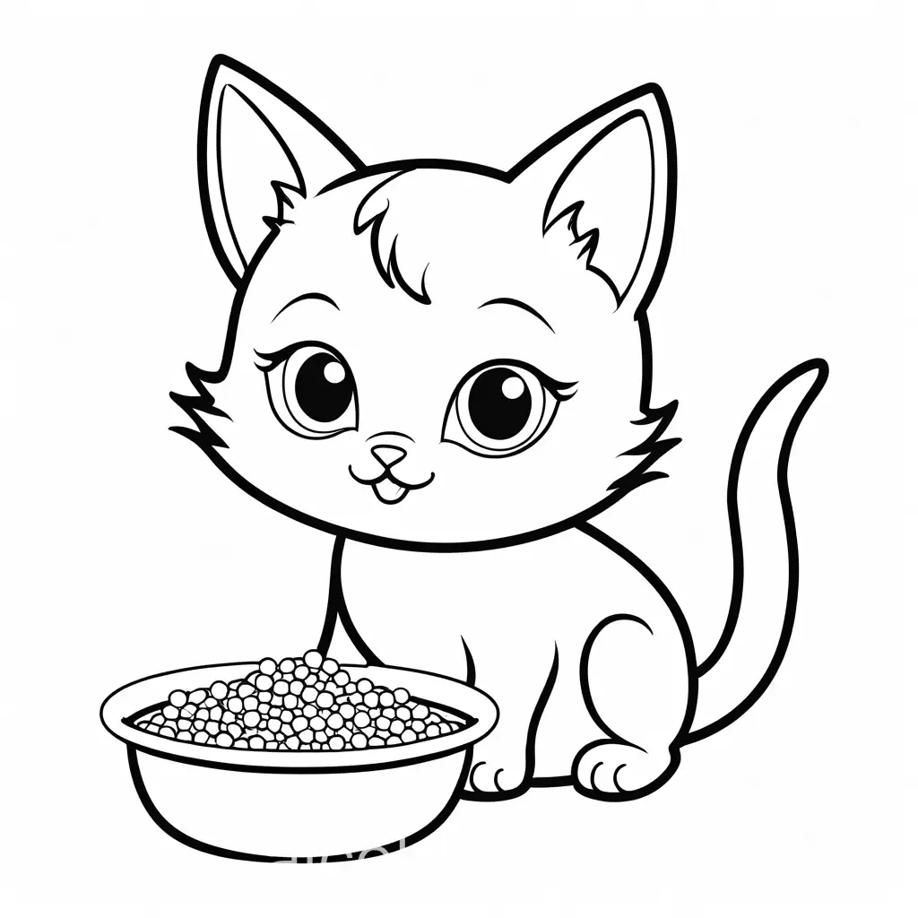 friendly cartoon character, kitten, eating cat food out of a bowl, Coloring Page, black and white, line art, white background, Simplicity, Ample White Space. The background of the coloring page is plain white to make it easy for young children to color within the lines. The outlines of all the subjects are easy to distinguish, making it simple for kids to color without too much difficulty