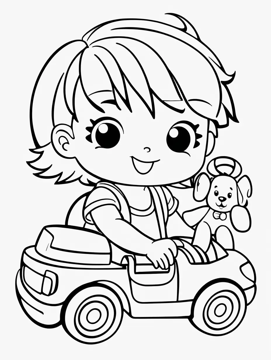 Very easy coloring page for 3 years old toddler. simple. children play with toys. Without shadows. Thick black outline, without colors and big details. White background.