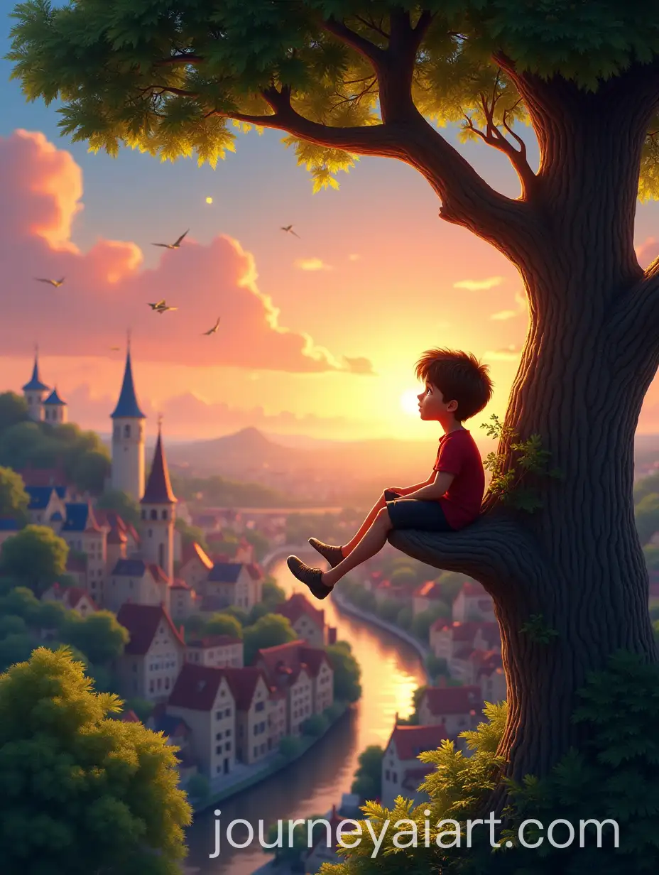 Young-Boy-Sitting-in-Tree-Overlooking-Picturesque-Town-at-Sunset
