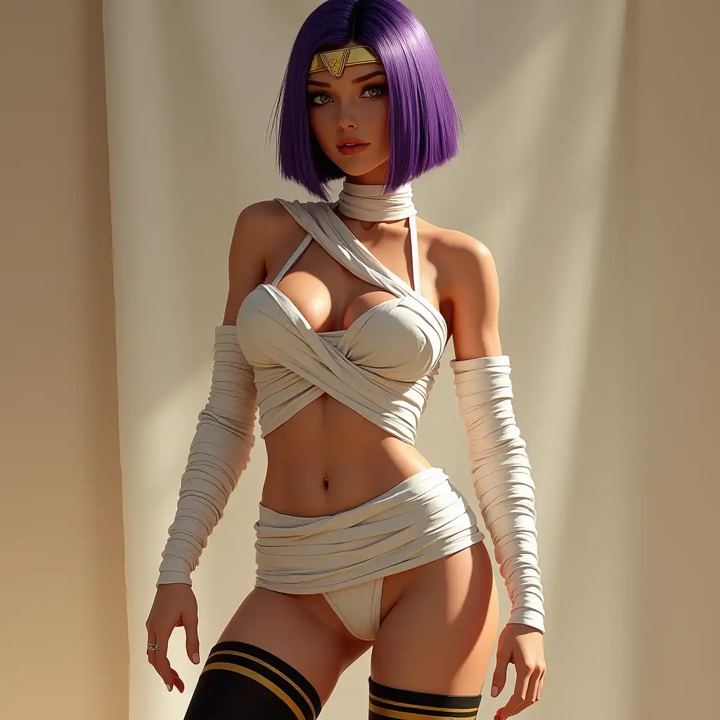 A hyper-realistic image of a stunning woman from Egypt inspired by Menat's aesthetic from Street Fighter 5, with a sleek purple bob haircut adorned with a simple straight golden tiara that frames her elegant features. She is wearing a bikini made of white fabric strips, with additional pieces of white fabric wrapped intricately around her stomach and hands like a mummy, covering parts of her arms, torso, and legs in an elegant and artistic manner. The wrapping is carefully arranged to leave her athletic physique visible while adding a mysterious, ancient allure. Her legs are adorned with over-the-knee black socks featuring a single golden stripe in the middle, creating a striking contrast against the white fabric. The lighting is soft and warm, highlighting the realistic textures of her skin, the fabric strips, and the gold accents. The background is minimal and softly blurred, ensuring the focus remains entirely on her unique attire and confident, poised stance.