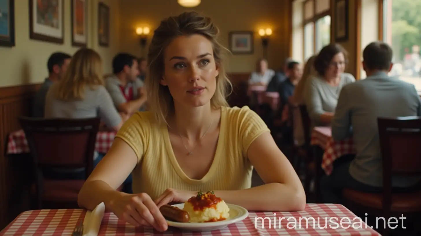 Woman Eating Sausage and Mashed Potatoes in Restaurant with Clients