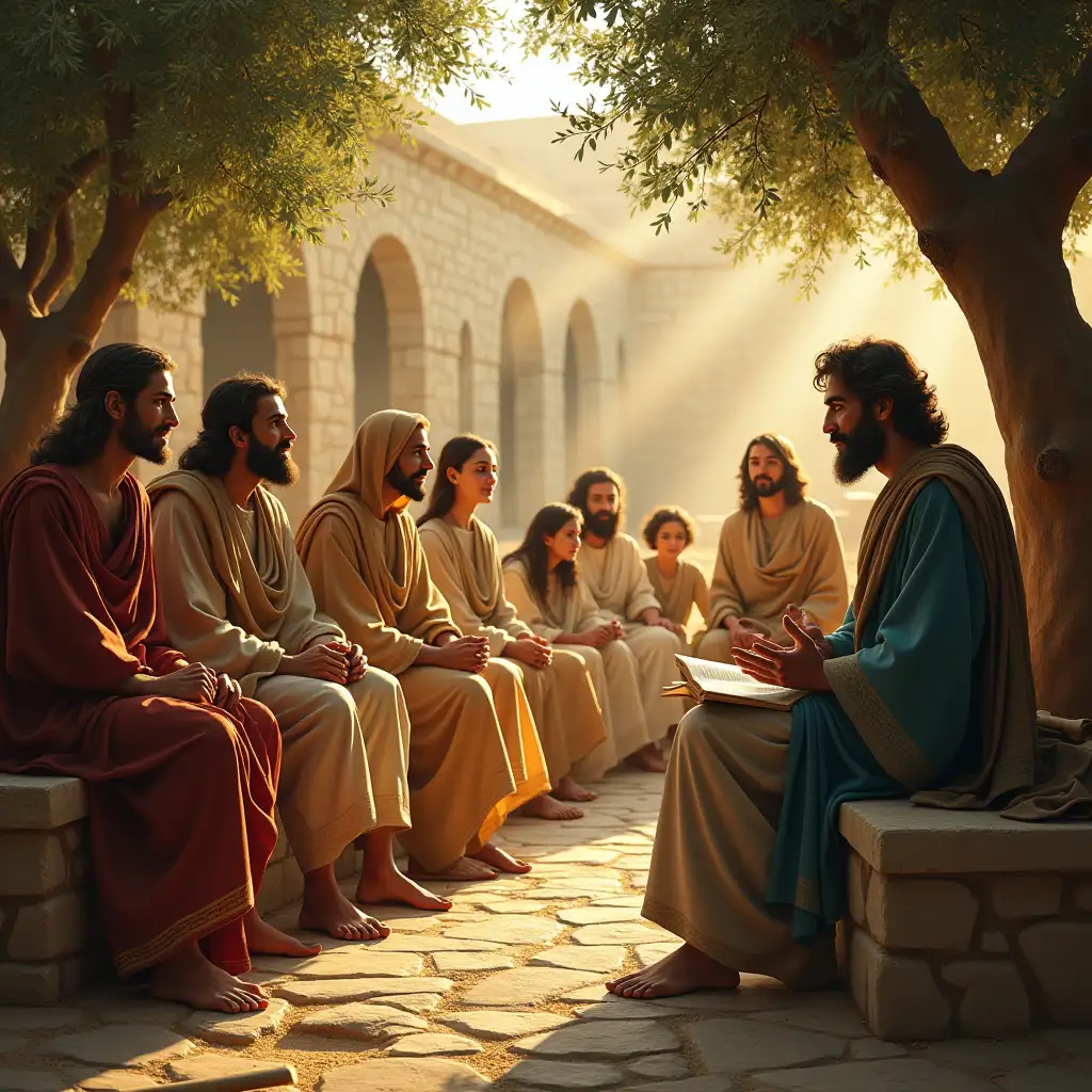 An intricate and inspiring depiction of Philippians 4, portraying the Apostle Paul advising a group of people in an ancient setting. Paul is seated on a stone bench, speaking with a calm and compassionate expression, surrounded by men, women, and children listening intently. The setting includes olive trees, scrolls, and a backdrop of simple stone architecture, evoking a biblical atmosphere. Warm sunlight filters through the trees, casting a peaceful glow over the scene, symbolizing divine guidance. The mood conveys encouragement and faith, emphasizing themes like rejoicing, prayer, gratitude, and contentment. The imagery should reflect a sense of timeless wisdom and spiritual connection.