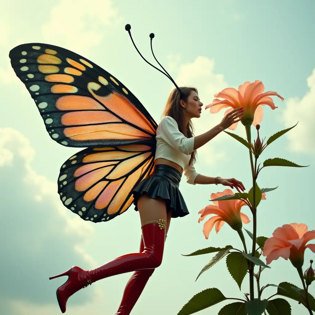 A photograph of a fairy woman with gigantic, long, shiny iridescent sparkling, multicolored butterfly wings with peacock patterns and long antennae resembling a pair of peacock feathers flying by a giant flower. The fairy is drinking nectar from the flower with her long tongue. She is wearing a white blouse, a black patent leather miniskirt with golden patterns, and red patent latex stiletto thigh-high boots with pointed toes and golden patterns. There is a cloudy sky in the background.