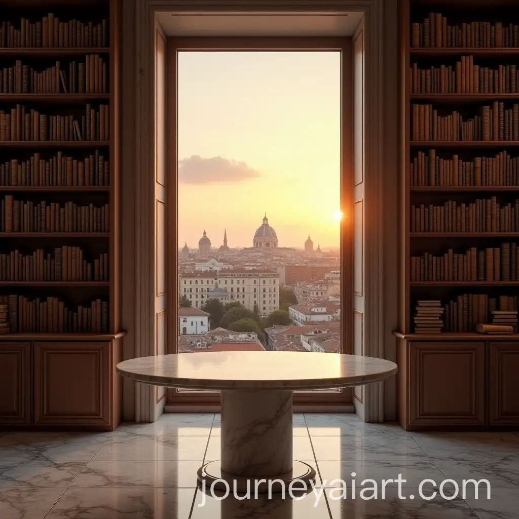 Panoramic-View-of-Rome-at-Sunset-with-Marble-Table-and-Library