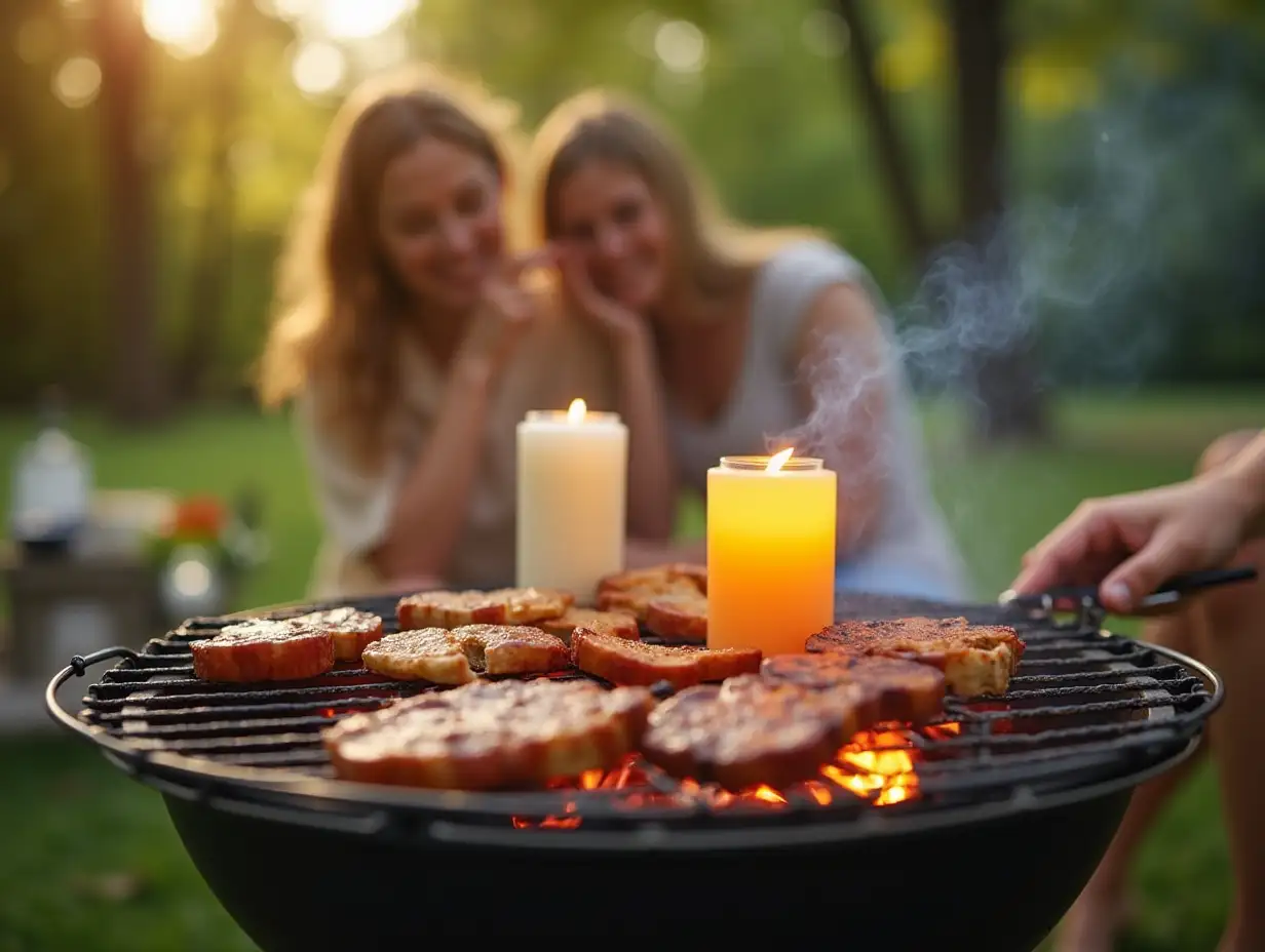 Lively Summer Barbecue in Park with Friends Using Mosquito Repellent Candles and Sprays