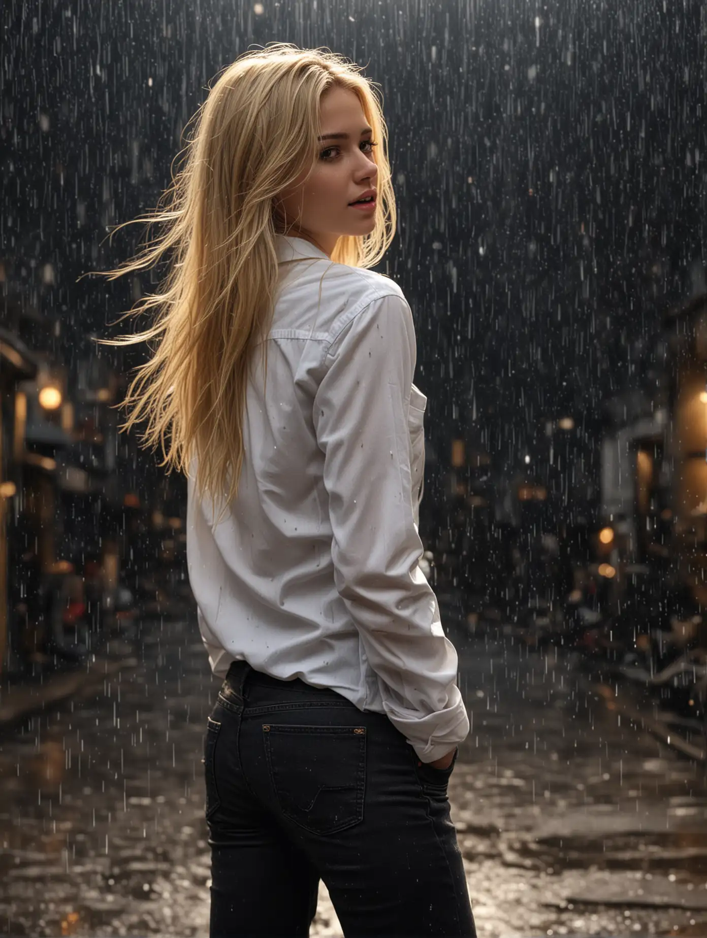 Woman-in-Black-Jeans-and-White-Shirt-with-Golden-Sparkling-Rain-in-Dark-Space