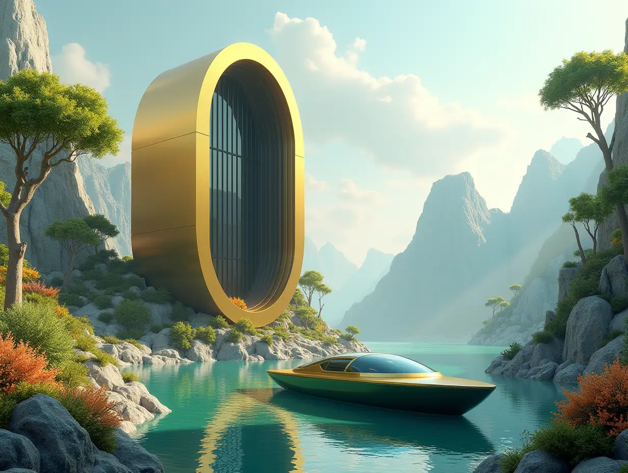 Create a high-resolution realistic image in 4k resolution of a futuristic gold building with black, curved columns, mountains with large trees, rocks, flowers, and a futuristic green boat with a glass window and a cloudy sky