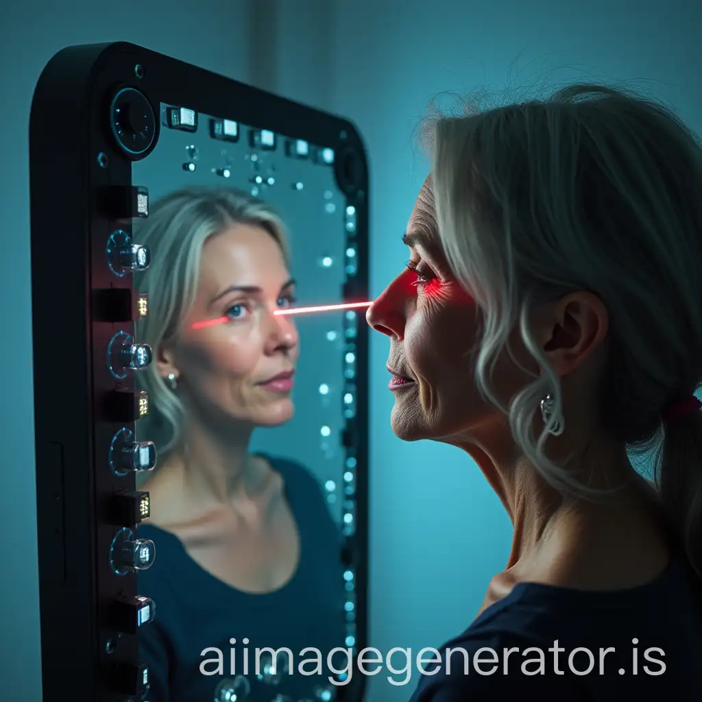 Elderly-Woman-Rejuvenating-in-a-Futuristic-Mirror-with-Laser-Technology