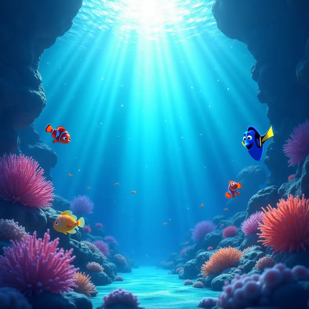 Viral anime nature wallpaper in 4K quality, in the style of Pixar 3D inspired by Finding Nemo, illustrating an underwater scene with vibrant coral reefs, colorful fish swimming around, and sunlight piercing through the water; bright and vivid color temperature, cosmos lighting with stars visible in the water surface, no human characters, the atmosphere is lively and magical --v 5 --stylize 1000