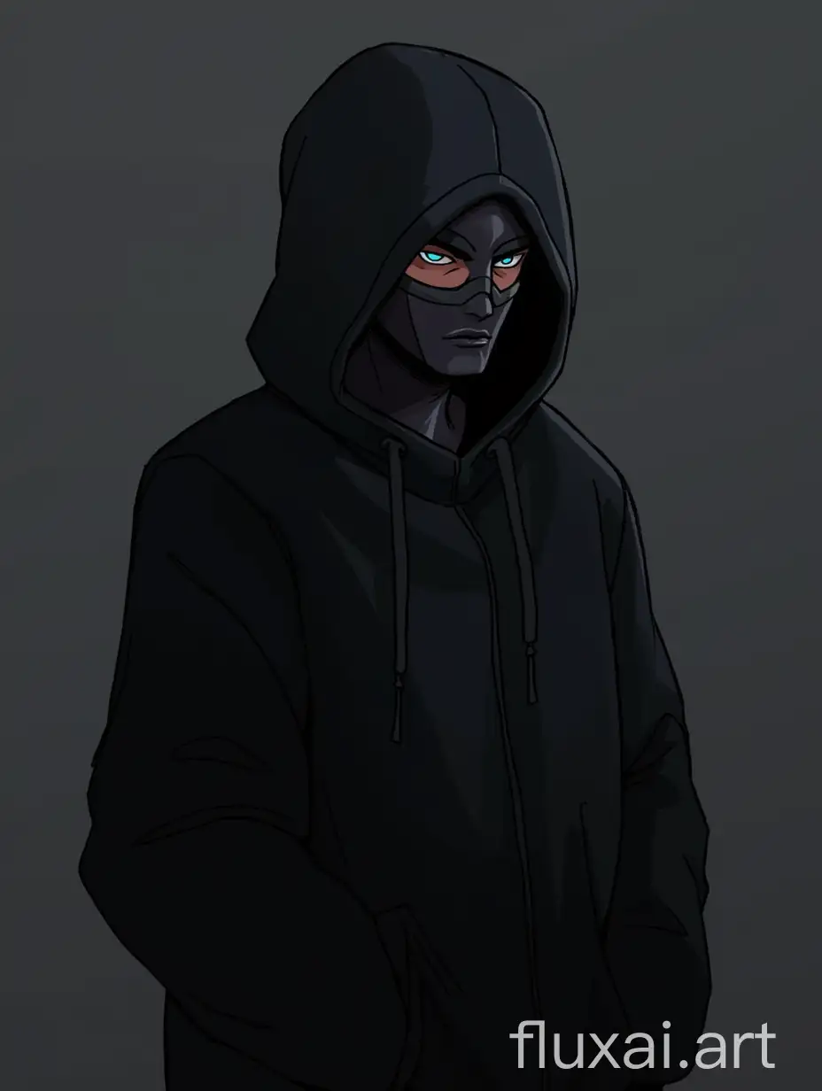 Character of indie game, with hooded mask, dark style.