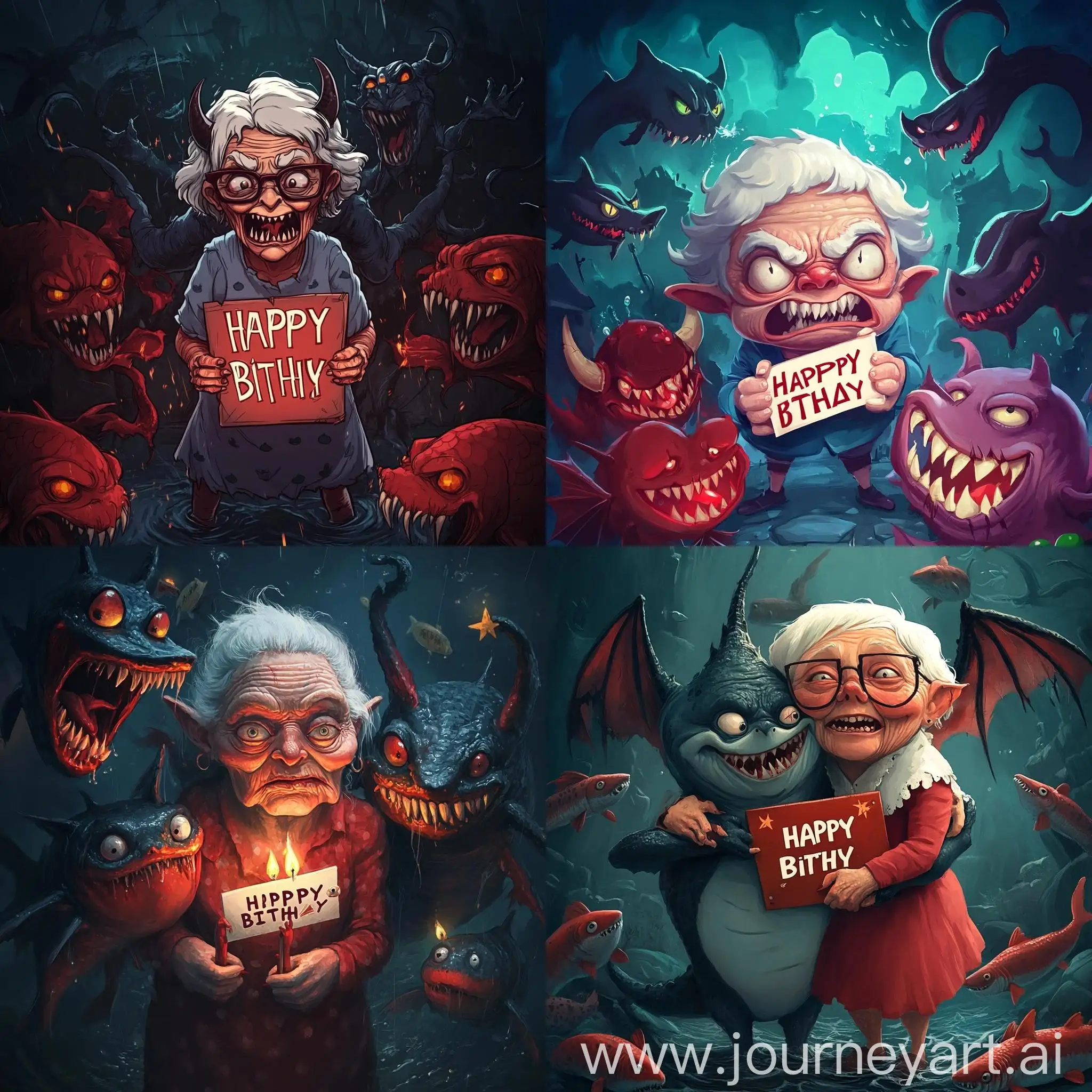 Eldritch-Celebration-Toothless-Grandmother-with-Satana-and-Devil-Holding-Happy-Birthday-Sign