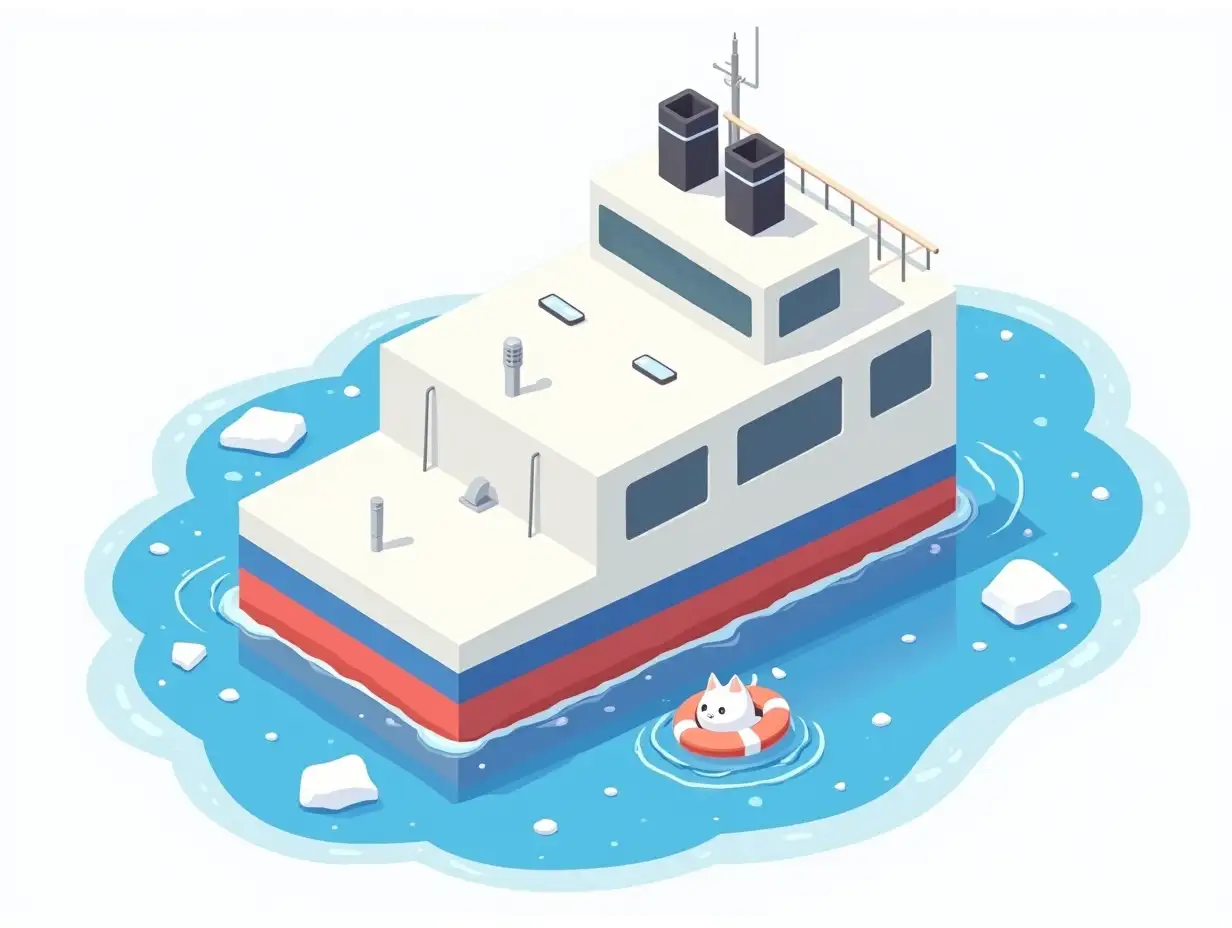 isometric vector sticker: moored to the berth of the North Sea with ice floes in the water is a huge strictly rectangular metal landing stage, similar to a huge marine container, painted white with two blue horizontal stripes and one red horizontal stripe. Small rectangular portholes are located between the stripes. above the main body, there is a white metal superstructure with stiffeners and two square black pipes in front. A small white cat swims nearby in the water in a lifebuoy Anime. Sticker design - top view, high resolution, vector graphics, white background, anime-style painting. vector on blank page. laminated paper sticker