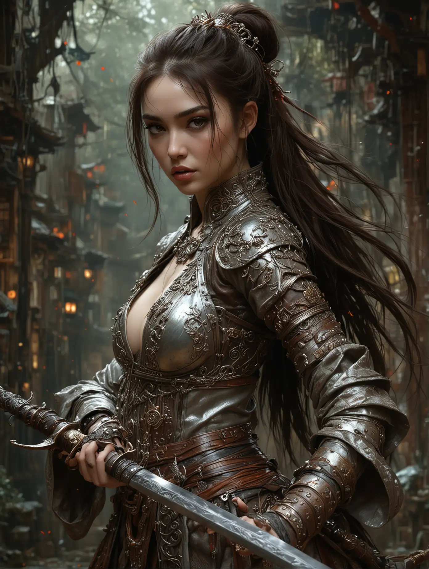 Eye level view captured, surealism style quality, digital drawing mode, chinese folklore-themed, beautiful sasha grey with awesome cleavage, long flowing ponytail hair with silver accents, deep brown eyes, wearing an ornate terakota's warrior suit with intricate patterns, holding a large sword, Blur the background to create a three-dimensional effect, by Boris Vallejo, Luis Royo, Van Gogh, Carne Griffiths, Wadim Kashin, Jose Royo, Harrison Fisher, Brian Froud and Jeremy Mann, high fantasy, by kerem beyit, Brom and Greg Rutkowski, high quality award winning masterpiece high quality cinematic visual effect