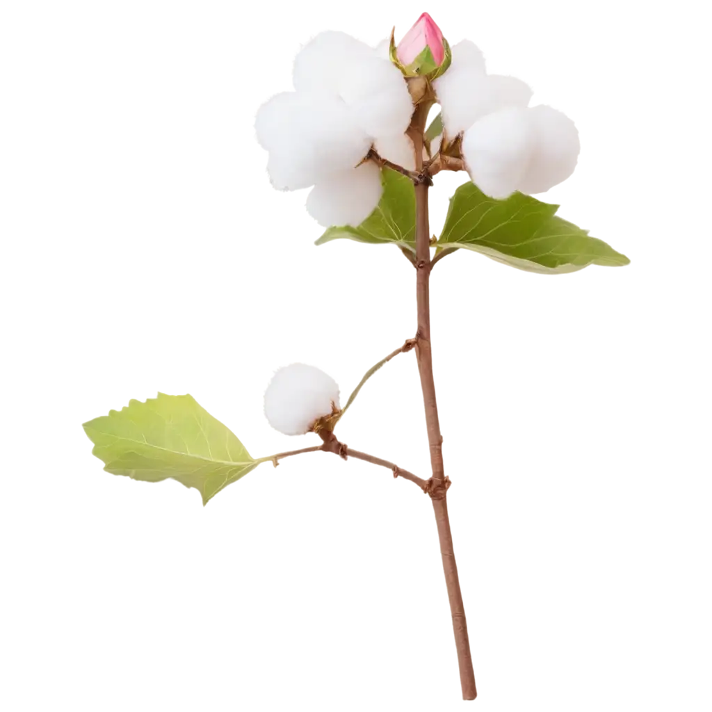 Cotton-Plant-PNG-with-Green-Leaves-Pink-Flower-and-White-Cotton-Boxes-on-Transparent-Background