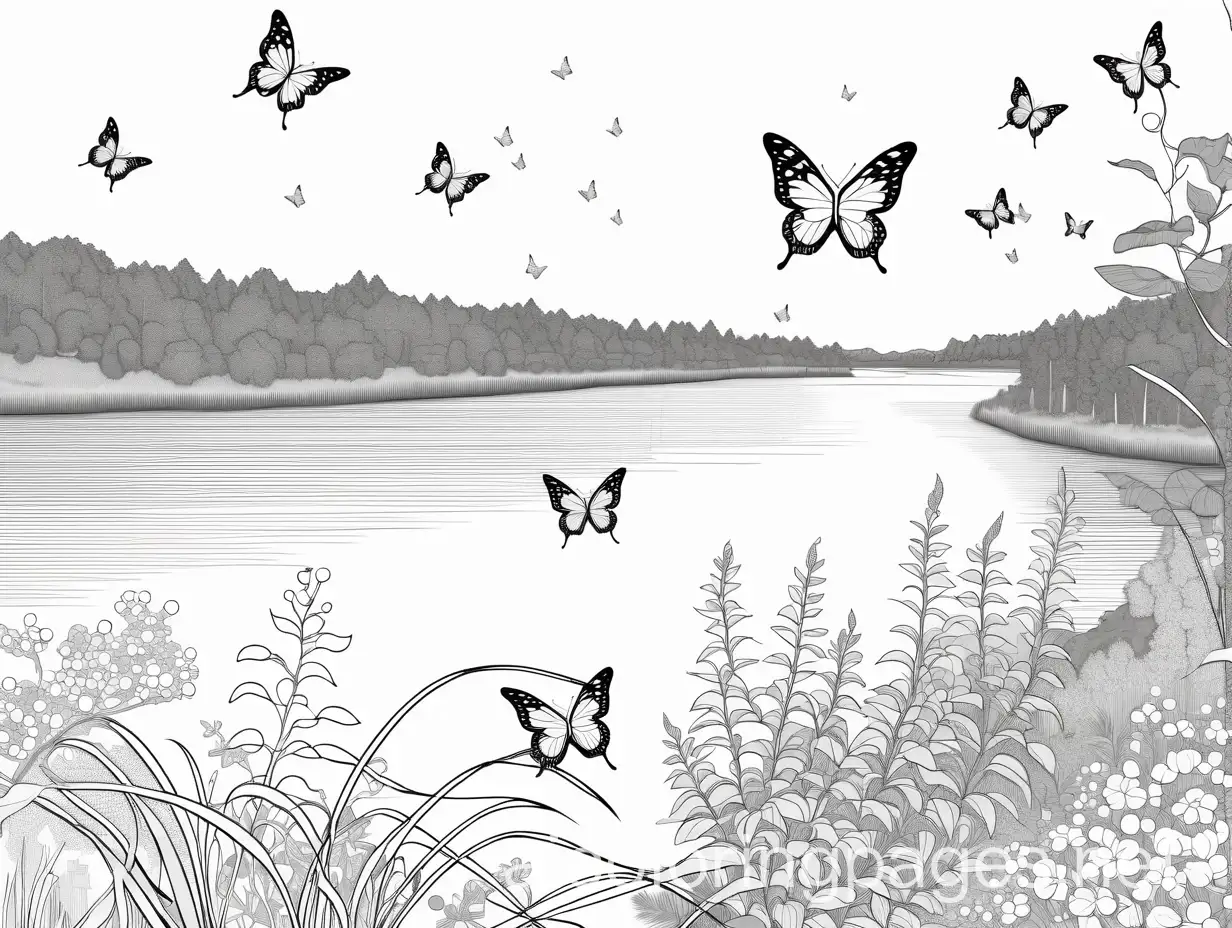 over looking river with butterflies , Coloring Page, black and white, line art, white background, Simplicity, Ample White Space