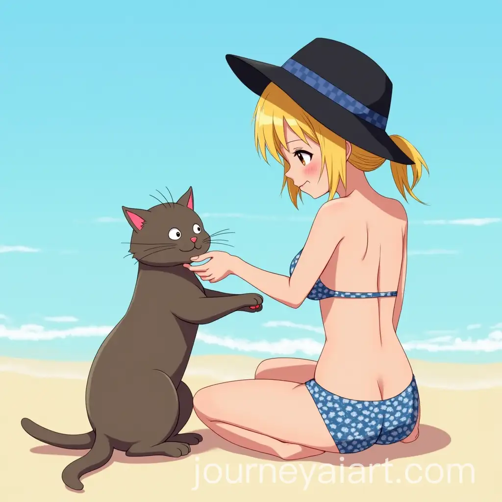 Beach-Scene-with-Brown-Cat-and-Girl-in-Blue-Checkered-Bikini