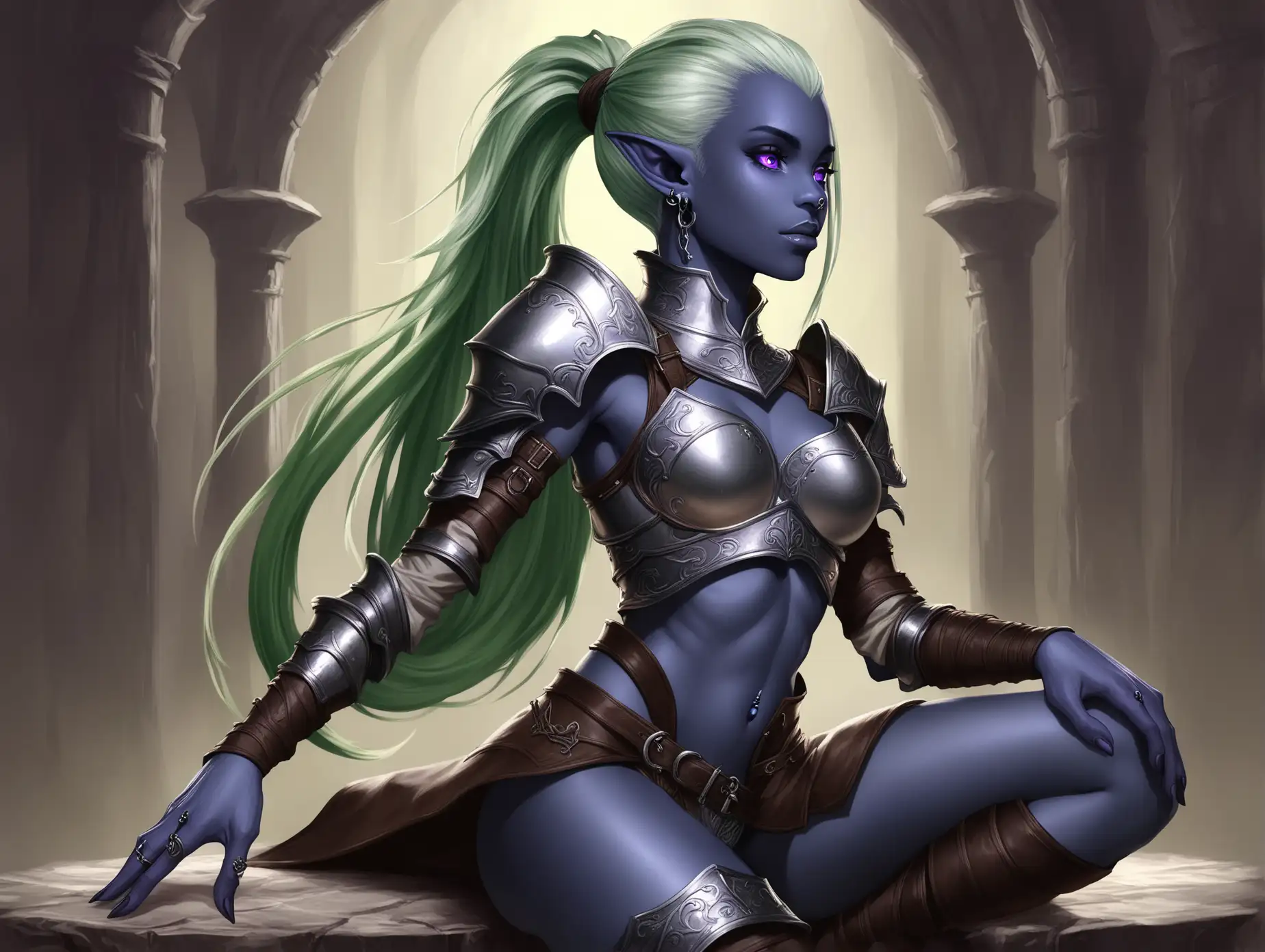 Dark-Elf-Mercenary-in-Leather-Armor-with-Purple-Eyes-and-Green-Hair