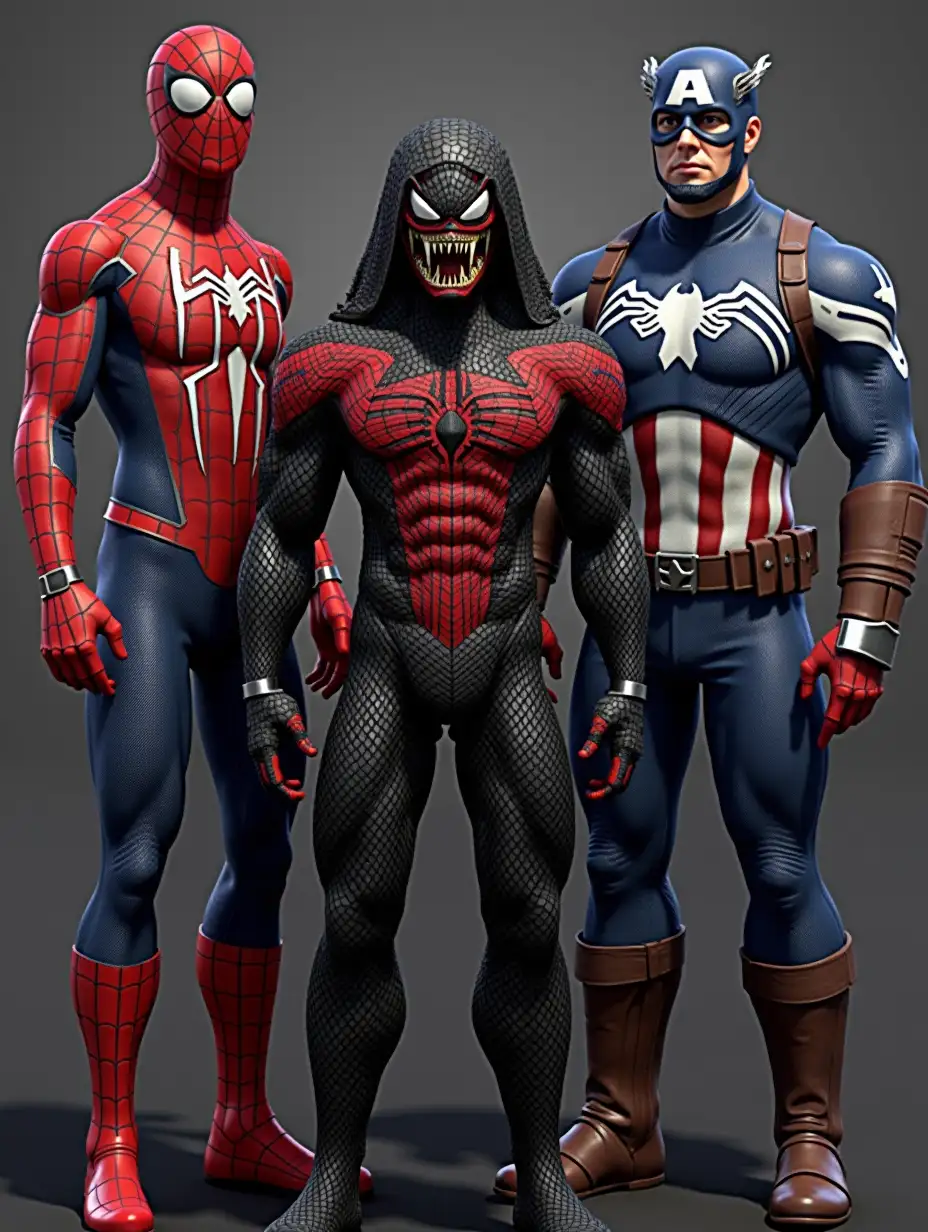 A highly detailed 3D-rendered image of Spider-Man, Venom, and Captain America...