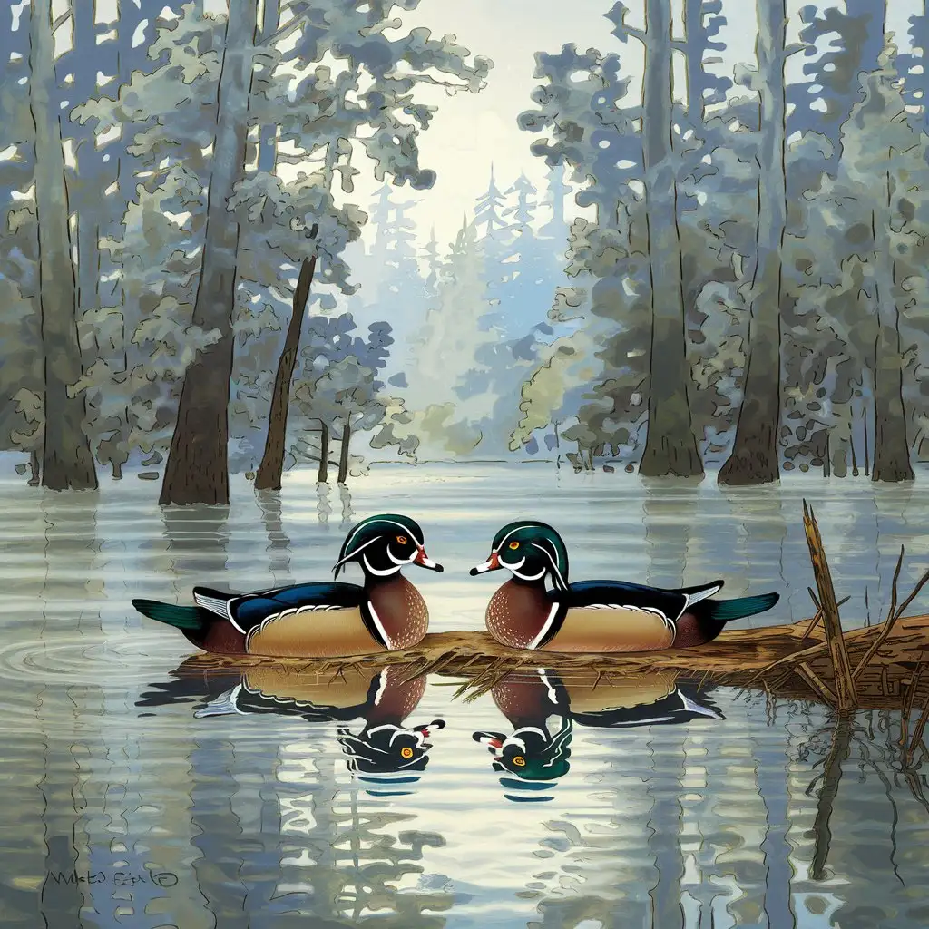 a terry redlin style sketch of two wood ducks roosting beaver sloughs in flooded waters of the deep thick dark forest