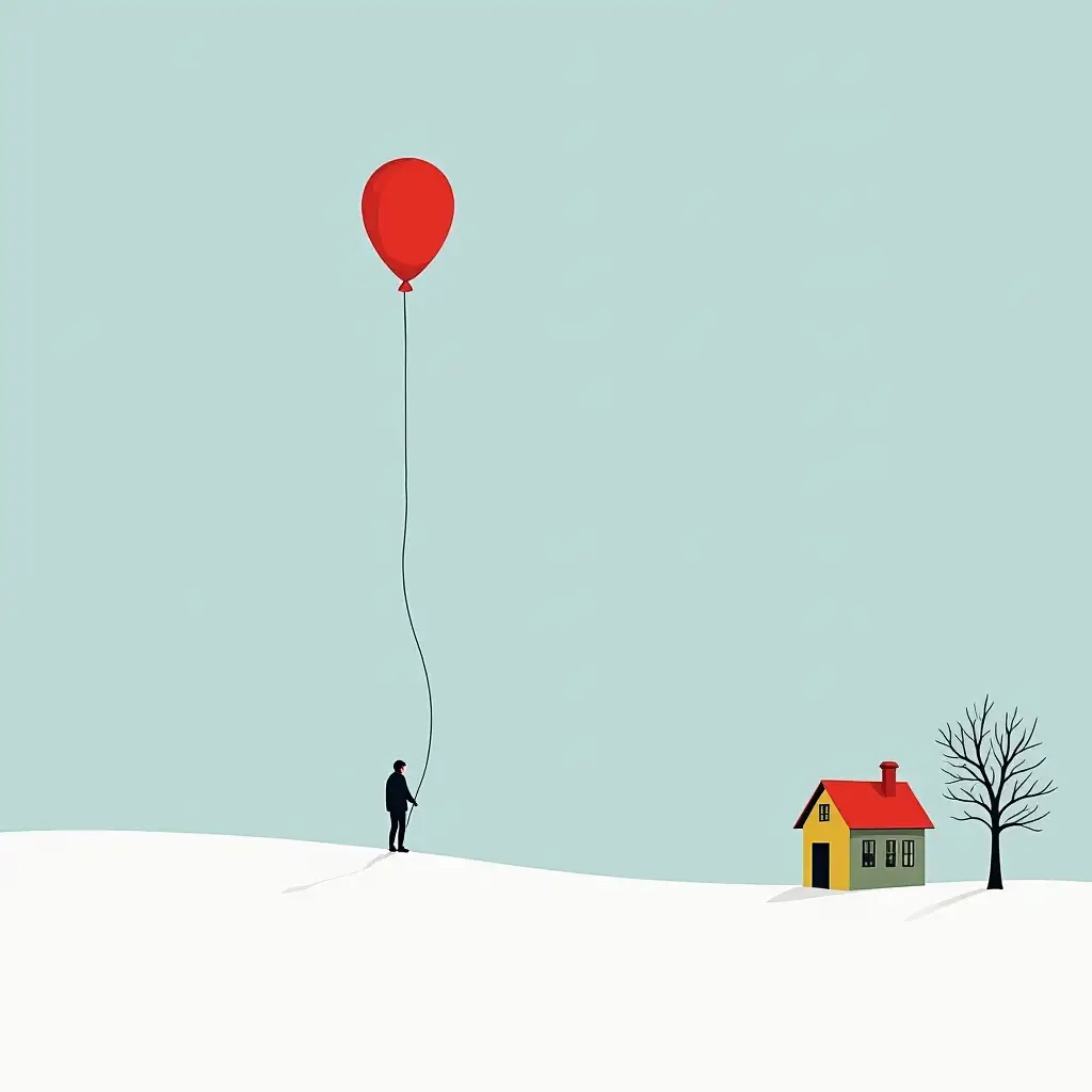 Minimalistic-Snow-Landscape-with-Fantasy-Balloon-and-Colorful-House