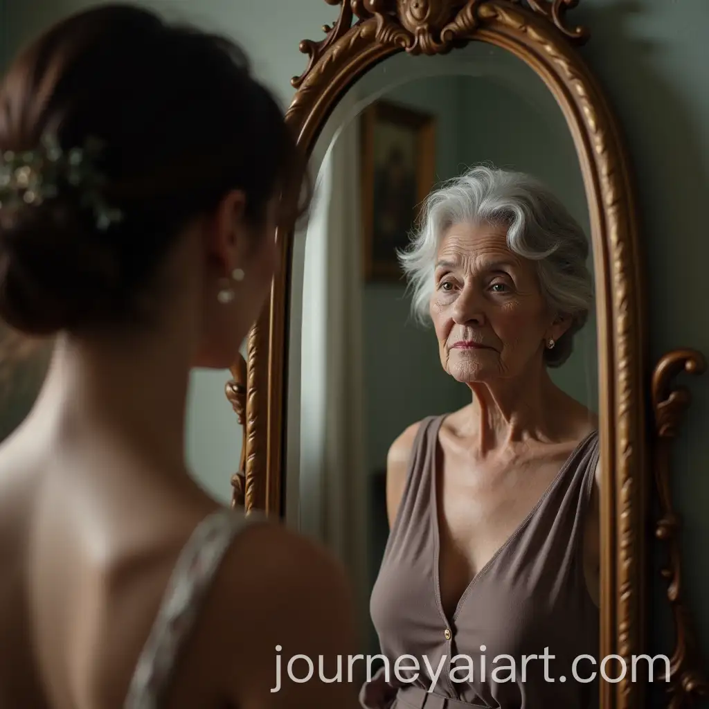 Young-Woman-Reflecting-on-Age-in-Ornate-Mirror