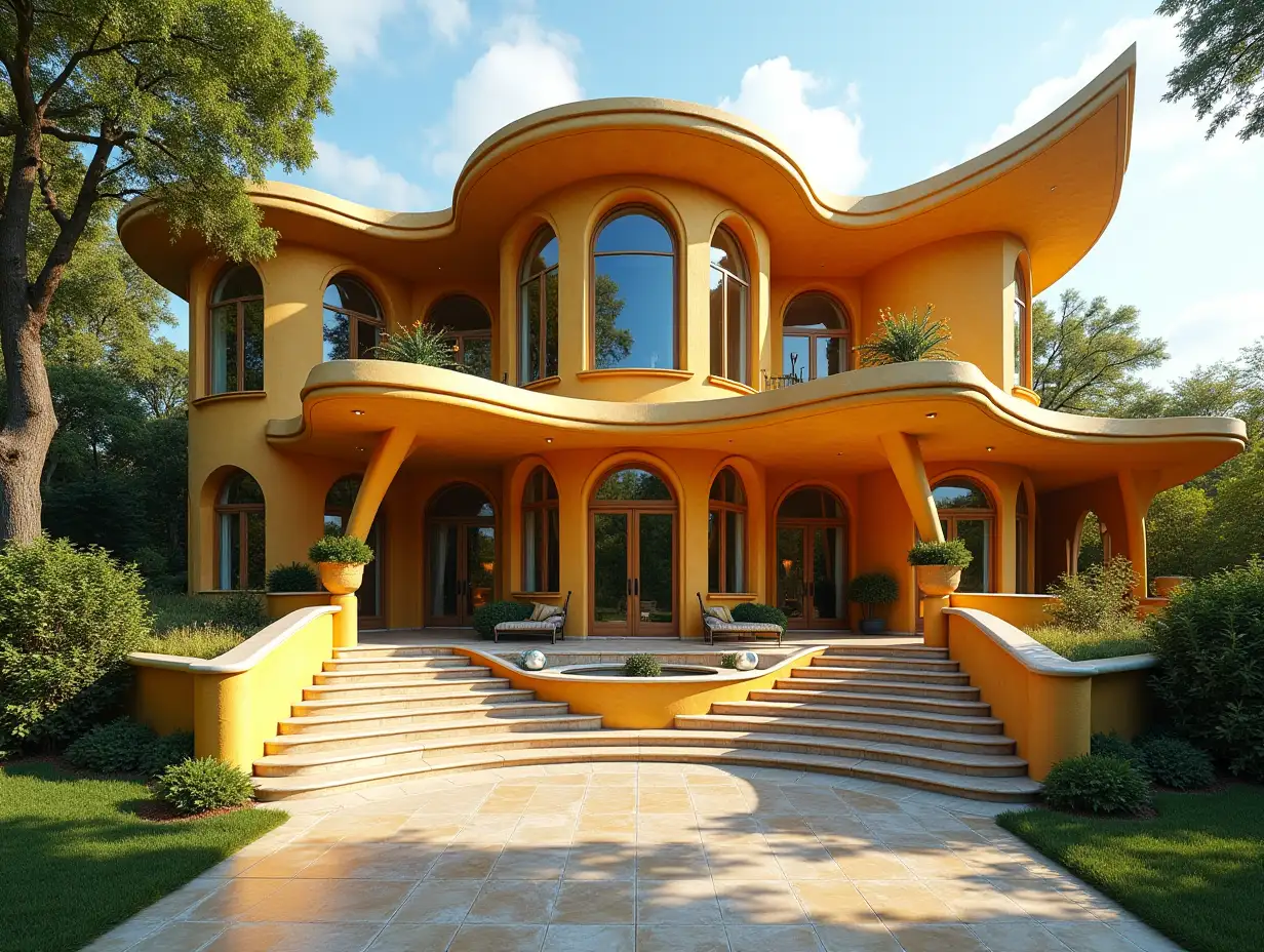 Crooked House, garden  Bepflanzung-Sauber, with golden stucco, large windows with glass closed, curved, smooth window shapes, winding big entrance steps of marble, complex angular roof with pond, lanterns, gold bench, orange tree 4K resolution colorful superwide-angle shots