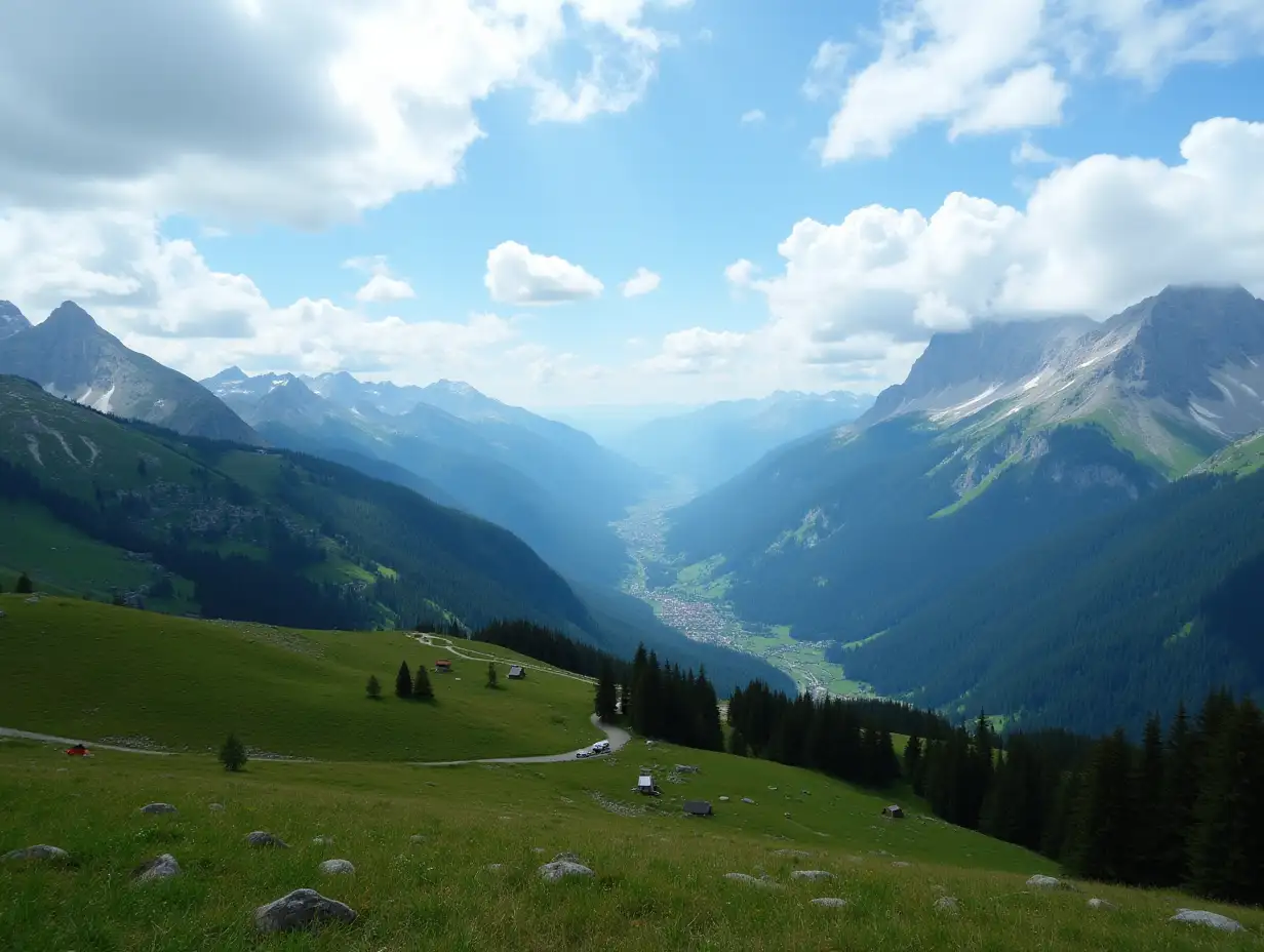 Stunning-Alpine-Landscape-Panorama-with-Majestic-Peaks-and-Lush-Valleys