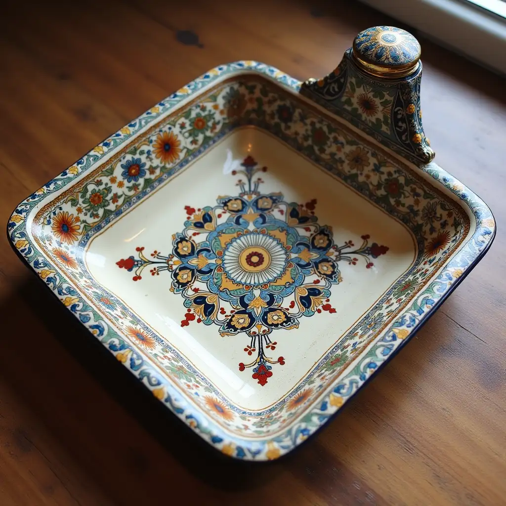 Square with rounded corners ceramic serving dish with embossed beautiful handle, antique and old, Qajar art, Iranian Tabriz carpet design